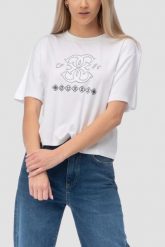 GUESS Biały damski t-shirt na krótki rękaw z wyszywanym logo Gabi, Rozmiar L. Białe t-shirty damskie Guess, l, z aplikacjami, klasyczne, bez kołnierzyka. Za 219.99 zł.