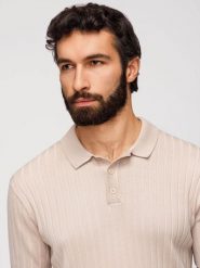 Koszulka męska polo z wiskozą SLIM FIT w pionowy prążek – beżowa V2 - Rozmiar: M. Brązowe koszulki polo męskie Ombre Clothing, m, bez wzorów, z dzianiny, klasyczne, bez ramiączek. W wyprzedaży za 157.49 zł.