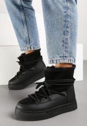 Czarne Śniegowce na Grubej Podeszwie ze Sznurowaniem Izandra. Czarne śniegowce i trapery damskie Born2be, z wełny. Za 89.99 zł.