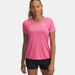 Koszulka treningowa damska Under Armour Tech V-Twist super pink/white. Czerwone koszulki sportowe damskie Under Armour, bez wzorów, sportowe, bez kołnierzyka. Za 91.10 zł.