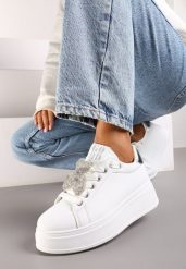 Biało-Srebrne Sneakersy z Błyszczącym Misiem Neviliese. Białe obuwie sportowe damskie Born2be, bez wzorów. Za 54.99 zł.