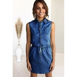 Sukienka SANTRA BLUE. Niebieskie sukienki damskie Sukienka SANTRA BLUE, l, bez wzorów, bez kołnierzyka, bez ramiączek, mini. W wyprzedaży za 79.00 zł.