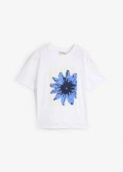 Bawełniany T-shirt z nadrukiem. Białe t-shirty damskie bonprix, bez wzorów, z bawełny, bez kołnierzyka. Za 27.99 zł.