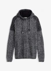 Gruby sweter z kapturem i detalami w stylu biker. Czarne swetry przez głowę męskie bonprix, m, bez wzorów, bez kołnierzyka. Za 122.99 zł.