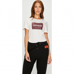 Calvin Klein Jeans - Top. Szare topy damskie Calvin Klein Jeans, z nadrukiem, z bawełny, z okrągłym kołnierzem, z krótkim rękawem. Za 159.90 zł.