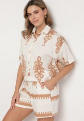 Jasnobeżowy Komplet w Stylu Rustykalnym Koszula i Szorty Tosmire. Brązowe koszule damskie Born2be, xl, bez wzorów, bez kołnierzyka, bez ramiączek. Za 84.99 zł.