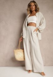 Beżowy Bawełniany Komplet Muślinowy Oversize z Koszulą i Szerokimi Spodniami Ziorina. Brązowe koszule damskie Renee, z aplikacjami, z bawełny, eleganckie, bez kołnierzyka, bez ramiączek. Za 139.99 zł.