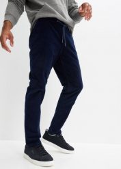 Spodnie sztruksowe z gumką w talii, regular fit, prosta nogawka. Niebieskie spodnie materiałowe męskie bonprix, m, bez wzorów, ze sztruksu. Za 134.99 zł.