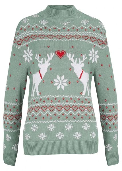 Sweter w norweski wzór golfem. Zielone swetry damskie bonprix, bez wzorów, bez kołnierzyka, bez ramiączek, bez kaptura. Za 124.99 zł.