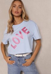 Niebieski Krótki T-shirt Oversize z Bawełny z Ozdobnym Napisem Sanillva. Niebieskie bluzki damskie Renee, m, bez wzorów, z bawełny, bez kołnierzyka. Za 39.99 zł.