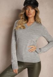 Szary Casualowy Sweter z Dekoltem w Serek Amitta. Szare swetry damskie Renee, m, bez wzorów, z jeansu, biznesowe, bez kołnierzyka, bez ramiączek, bez kaptura. Za 69.99 zł.