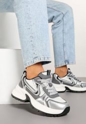 Biało-Srebrne Sneakersy na Grubej Podeszwie z Siateczką Olirase. Białe obuwie sportowe damskie Born2be, z aplikacjami, z jeansu. Za 99.99 zł.