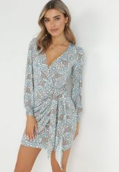 Niebieska Kopertowa Sukienka z Długim Rękawem Teuila. Niebieskie sukienki damskie Born2be, l, bez wzorów, z tkaniny, eleganckie, bez kołnierzyka, bez ramiączek, maxi, kopertowe. Za 84.99 zł.