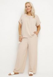 Beżowy Komplet z Bawełną Bluzka z Marszczeniem i Szerokie Spodnie Jenindriela. Brązowe bluzki damskie Born2be, xl, bez wzorów, z bawełny, eleganckie, bez kołnierzyka, bez ramiączek. Za 74.99 zł.