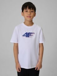 4F T-shirt regular z nadrukiem chłopięcy - biały 122 (6-7 lat). Białe t-shirty dla chłopców 4f, bez wzorów, z bawełny, bez ramiączek. Za 39.99 zł.