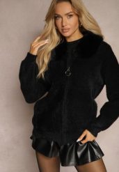 Czarny Zasuwany Kardigan z Wełną Ozdobiony Kołnierzem z Futerka Dailore. Czarne kardigany damskie Renee, bez wzorów, z wełny, eleganckie. Za 149.99 zł.