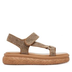 Sandały Guess. Brązowe sandały damskie Guess, z aplikacjami, bez obcasa, na płaskiej podeszwie, bez zapięcia. Za 339.99 zł.