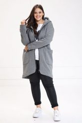 Ciepły płaszcz bluza Zita w szarym kolorze duże rozmiary XXL OVERSIZE. Szare bluzy damskie Moda Size Plus Iwanek, m, bez wzorów, z bawełny, eleganckie, krótkie, bez kaptura. W wyprzedaży za 199.90 zł.
