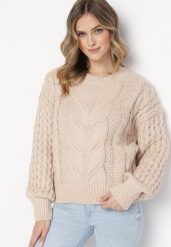 Beżowy Sweter z Bawełną i Wełną z Warkoczykowym Splotem Venqille. Brązowe swetry damskie Born2be, m, bez wzorów, z bawełny, bez kołnierzyka, bez ramiączek, bez kaptura. Za 89.99 zł.