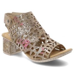 Sandały damskie Rieker, cholewka z materiału z ażurowymi wycięciami i nadrukiem na stabilnym obcasie, kolorowe, 64780-90. Klapki damskie Rieker, w ażurowe wzory, bez obcasa, na obcasie, bez zapięcia. Za 299.00 zł.