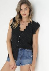 Czarna Bluzka Top z Tkaniny Plumeti z Falbankami przy Ramionach Fatalie. Czarne bluzki damskie Born2be, m, bez wzorów, z tkaniny, bez kołnierzyka, bez ramiączek. Za 49.99 zł.