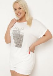 Biały Bawełniany T-shirt z Ozdobnym Napisem i Cyrkoniami Krisiona. Białe bluzki damskie Born2be, l, bez wzorów, z bawełny, biznesowe, bez kołnierzyka. Za 34.99 zł.
