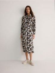 Sukienka midi ze zwierzęcym wzorem - beżowy. Brązowe sukienki damskie Reserved, l, bez wzorów, z tkaniny, bez kołnierzyka, bez ramiączek, midi, dopasowane. W wyprzedaży za 49.99 zł.