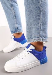 Biało-Niebieskie Sneakersy Sznurowane na Płaskiej Grubszej Podeszwie z Cyrkoniami Hanuel. Niebieskie obuwie sportowe damskie Renee, bez wzorów. Za 49.99 zł.