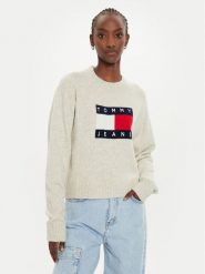 Tommy Jeans Sweter Flag DW0DW18681 Beżowy Relaxed Fit. Brązowe swetry damskie Tommy Jeans, l, bez wzorów, z jeansu, bez kołnierzyka, bez ramiączek, bez kaptura. Za 269.99 zł.