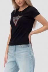 GUESS Czarny damski t-shirt z logo z cyrkoniami Triangle Rhinestones, Rozmiar XS. Czarne t-shirty damskie Guess, xs, z aplikacjami, eleganckie, bez kołnierzyka. Za 239.99 zł.