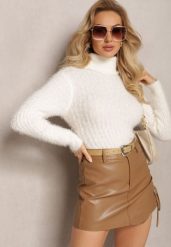 Biały Golf z Puchatego Materiału z Wełną i Długim Rękawem Geolla. Białe swetry damskie Renee, na jesień, bez wzorów, z wełny, bez kołnierzyka, bez ramiączek, długie, bez kaptura. Za 49.99 zł.