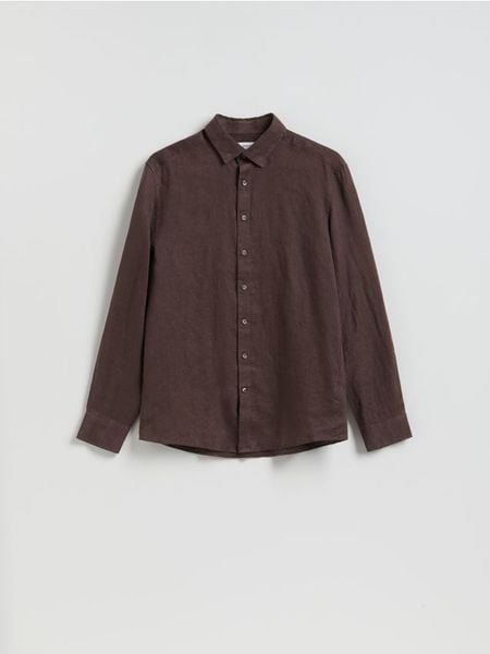 Lniana koszula regular fit - ciemnobrązowy. Brązowe koszule męskie Reserved, l, bez wzorów, bez kołnierzyka, bez ramiączek. Za 159.99 zł.