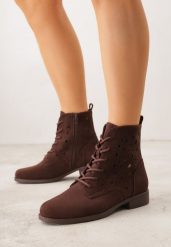 Brązowe Ażurowe Botki ze Sznurowaną Cholewką Sephylia. Brązowe botki damskie Renee, z zamszu, boho, bez obcasa, na płaskiej podeszwie, bez zapięcia. Za 129.99 zł.