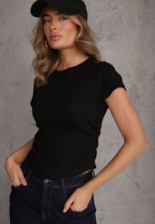 Czarny Dopasowany T-shirt z Marszczeniem z Bawełnianej Tkaniny w Prążki Assarena. Czarne bluzki damskie Renee, m, bez wzorów, z bawełny, eleganckie, bez kołnierzyka, bez ramiączek. Za 39.99 zł.