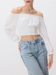 Bluzka z odkrytymi ramionami - biały. Białe bluzki damskie Reserved, l, bez wzorów, z dzianiny, bez kołnierzyka, bez ramiączek. W wyprzedaży za 29.99 zł.