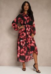 Czarno-Czerwona Sukienka o Pudełkowym Kroju w Kwiatowy Wzór Ozdobiona Paskiem Acexia. Czarne sukienki damskie Renee, do pracy, l, z aplikacjami, biznesowe, bez kołnierzyka, bez ramiączek, maxi. Za 129.99 zł.