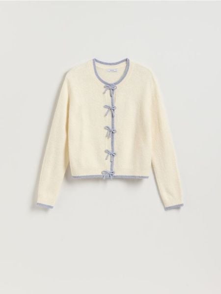 Sweter z kokardkami - wielobarwny. Swetry damskie Reserved, l, bez wzorów, z dzianiny, bez kołnierzyka, bez ramiączek, bez kaptura. Za 129.99 zł.