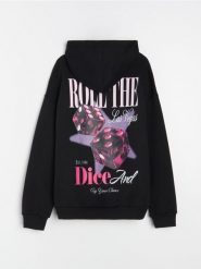 Bluza hoodie z nadrukiem na plecach - czarny. Czarne bluzy damskie Sinsay, l, bez wzorów, bez kaptura. Za 49.99 zł.