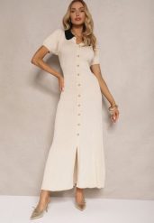 Jasnobeżowa Wiskozowa Sukienka Rozkloszowana Retro z Guzikami i Kołnierzem Ardival. Brązowe sukienki damskie Renee, na co dzień, z aplikacjami, z materiału, eleganckie, bez kołnierzyka, bez ramiączek, maxi, proste. Za 159.99 zł.