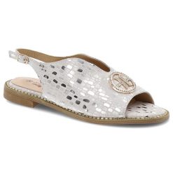 Sandały damskie S. Barski, skórzane na płaskim obcasie we wzorki na płaskim obcasie, srebrne, KV51-094. Szare sandały damskie S.BARSKI, z aplikacjami, bez obcasa, na płaskiej podeszwie, bez zapięcia. Za 149.00 zł.