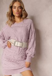 Jasnofioletowy Długi Sweter Oversize z Wypukłym Splotem All Over Somet. Fioletowe swetry damskie Renee, bez wzorów, ze splotem, casualowe, bez kołnierzyka, bez ramiączek, długie, bez kaptura. Za 79.99 zł.