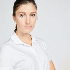 Koszulka polo do golfa damska z krótkim rękawem Inesis WW500. Niebieskie koszulki sportowe damskie INESIS, bez wzorów, z dżerseju, na golfa. Za 89.99 zł.