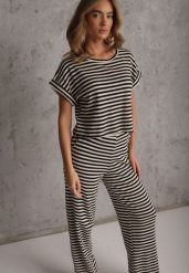 Beżowo-Czarny Komplet z Dzianiny w Paski z Bawełną Bluzka z Krótkim Rękawem i Spodnie Akiseithe. Brązowe spodnie materiałowe dla dziewczynek Renee, bez wzorów, z bawełny. Za 179.99 zł.