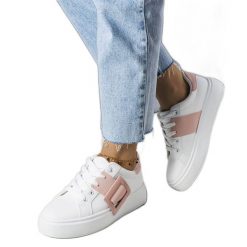 Białe sneakersy zdobione różową klamerką Toni. Białe trampki i tenisówki damskie z aplikacjami, ze skóry ekologicznej, klasyczne, bez zapięcia. Za 88.02 zł.