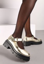 Złote Półbuty Mary Jane na Grubej Podeszwie Zapinane na Sprzączkę Navrina. Żółte półbuty damskie Born2be, bez wzorów, z jeansu, biznesowe, z okrągłym noskiem, bez obcasa, bez zapięcia. Za 59.99 zł.