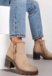 Beżowe Botki na Słupku Boho z Suwakiem Kodra. Brązowe botki damskie Renee, boho, za kostkę, bez obcasa, na obcasie, bez zapięcia. Za 149.99 zł.