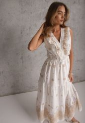 Biało-Beżowa Sukienka na Lato Boho z Bawełny w Haftowane Wzory z Falbanką Alemite. Białe sukienki dla dziewczynek Renee, na lato, bez wzorów, z bawełny, boho, bez ramiączek, długie. Za 159.99 zł.
