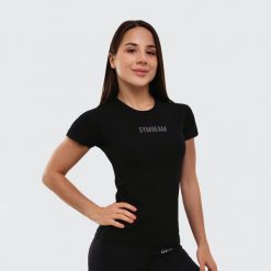 Koszulka damska fitness slim fit czarna FIT. Czarne koszulki sportowe damskie GYMBEAM, m, bez wzorów, z bawełny, biznesowe, bez kołnierzyka. Za 68.90 zł.