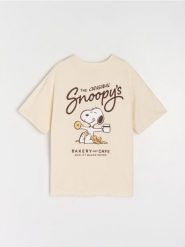 Bawełniana koszulka z nadrukiem na plecach Peanuts - kremowy. Białe t-shirty damskie Sinsay, l, bez wzorów, z bawełny, bez kołnierzyka. Za 29.99 zł.