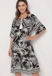 Czarna Sukienka o Pudełkowym Kroju z Wiązaniem przy Dekolcie w Roślinny Wzór Mirionela. Czarne sukienki damskie Born2be, na imprezę, l, bez wzorów, eleganckie, bez kołnierzyka, bez ramiączek, midi. Za 59.99 zł.